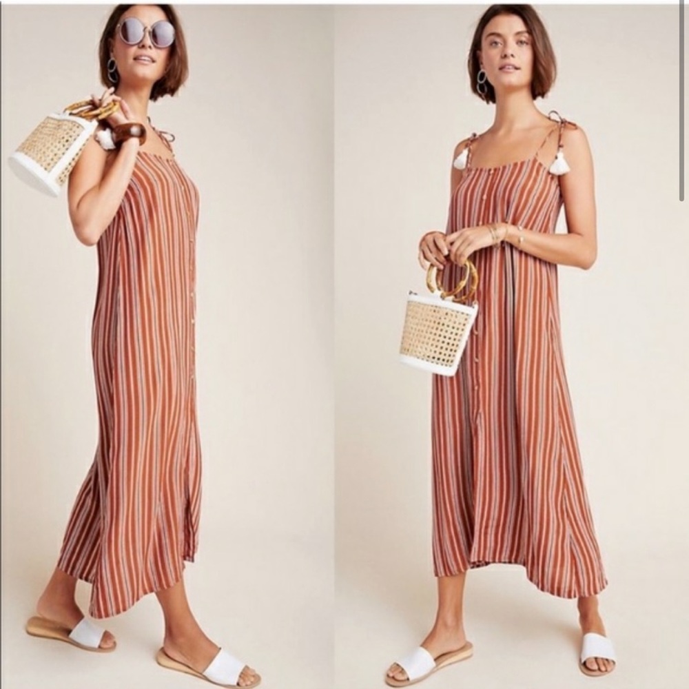 Anthropologie x Faithfull the Brand orange white striped maxi slip dress Pom pom
